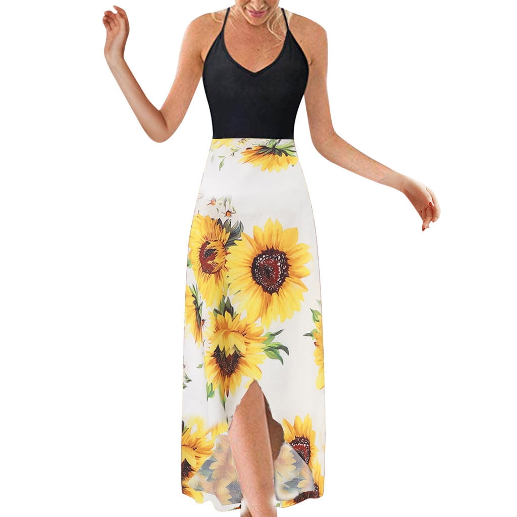 Sunflower Printed Strap Irregular Dress ...